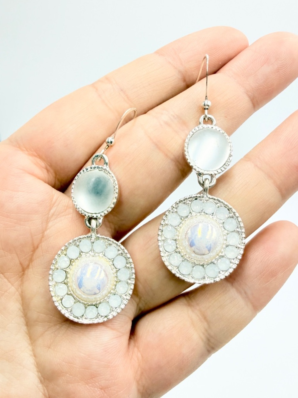 Vintage Silver-Tone Double Drop Opalescent & Frosted Glass Dangle Earrings